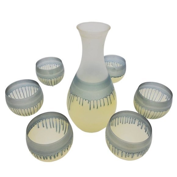 MCM French Drip Glass Carafe Decanter & 6x Small Wine Glasses Blue Yellow Handma - Picture 3 of 10